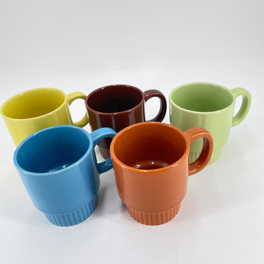 Vintage Japan Stackable Mugs Set of 5 MCM Ribbed Bottom Retro Colorful Ceramic